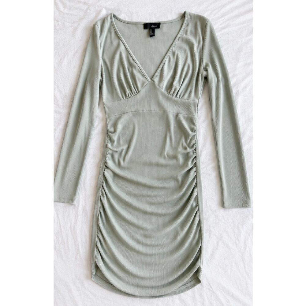 SBETRO Sage Green Fairy Ribbed Ruched Bodycon Dress Long Sleeve V Neck Small